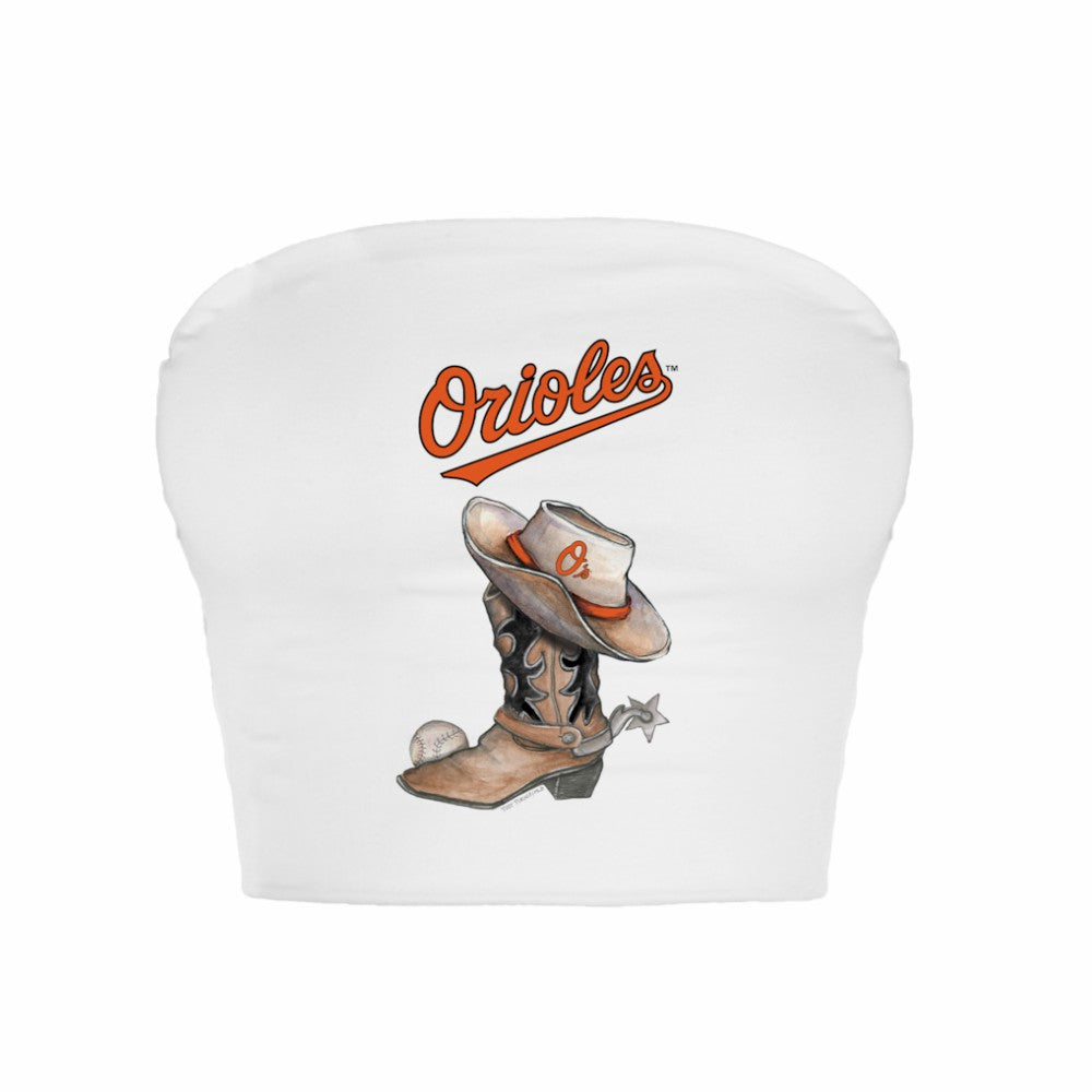 Baltimore Orioles Tiny Turnip Women's Cowboy Boot Crop Tube Top White