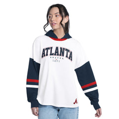 Atlanta Braves G-III 4Her by Carl Banks Women's Key Player Oversized Hooded Long Sleeve T-Shirt White/Navy