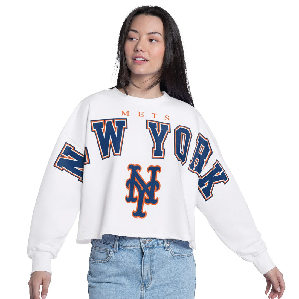 New York Mets G-III 4Her by Carl Banks Women's Bleachers Cropped Pullover Sweatshirt White