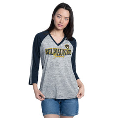 Milwaukee Brewers G-III 4Her by Carl Banks Women's Speed Training 3/4-Sleeve Rhinestone V-Neck T-Shirt Navy/Heather Navy