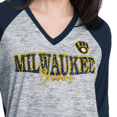 Milwaukee Brewers G-III 4Her by Carl Banks Women's Speed Training 3/4-Sleeve Rhinestone V-Neck T-Shirt Navy/Heather Navy