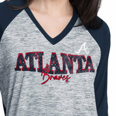 Atlanta Braves G-III 4Her by Carl Banks Women's Speed Training 3/4-Sleeve Rhinestone V-Neck T-Shirt Navy/Heather Navy