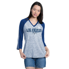 Los Angeles Dodgers G-III 4Her by Carl Banks Women's Speed Training 3/4-Sleeve Rhinestone V-Neck T-Shirt Royal/Heather Royal