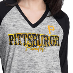Pittsburgh Pirates G-III 4Her by Carl Banks Women's Speed Training 3/4-Sleeve Rhinestone V-Neck T-Shirt Black/Heather Black