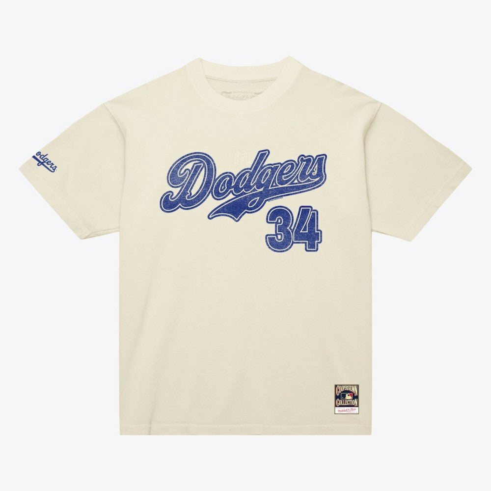 Fernando Valenzuela Los Angeles Dodgers Cooperstown Collection Throwback Name & Number T-Shirt Cream | Mitchell & Ness