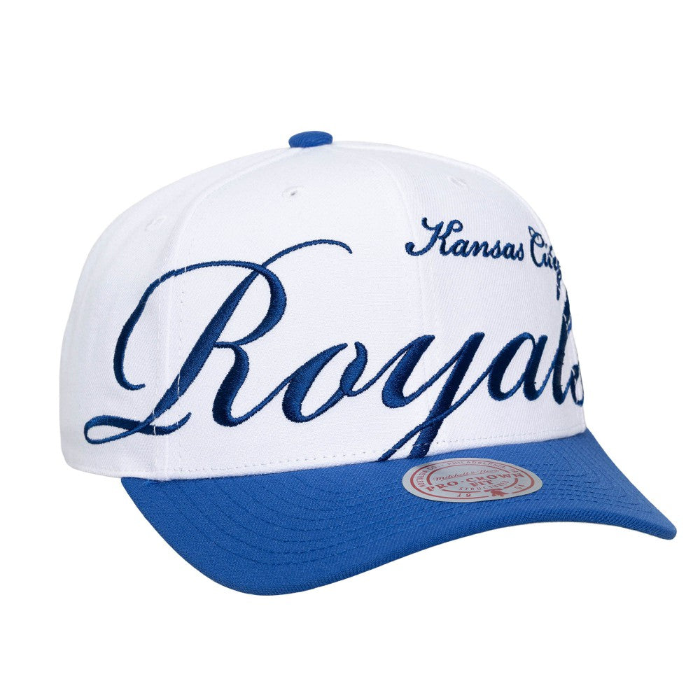 Kansas City Royals Unisex XL Script Pro Crown Snapback Hat White/Royal | Mitchell & Ness