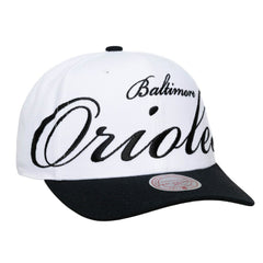 Baltimore Orioles Unisex XL Script Pro Crown Snapback Hat White/Black | Mitchell & Ness