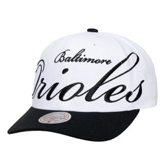 Baltimore Orioles Unisex XL Script Pro Crown Snapback Hat White/Black | Mitchell & Ness