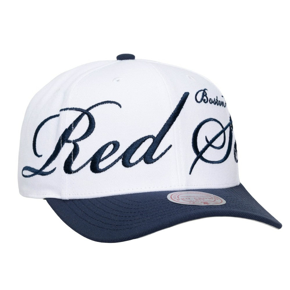 Boston Red Sox Unisex XL Script Pro Crown Snapback Hat White/Navy | Mitchell & Ness