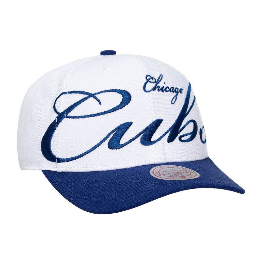 Chicago Cubs Unisex XL Script Pro Crown Snapback Hat White/Royal | Mitchell & Ness