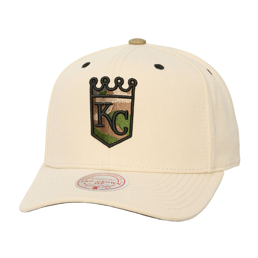 Kansas City Royals Unisex Camo Logo Pro Crown Snapback Hat Cream | Mitchell & Ness