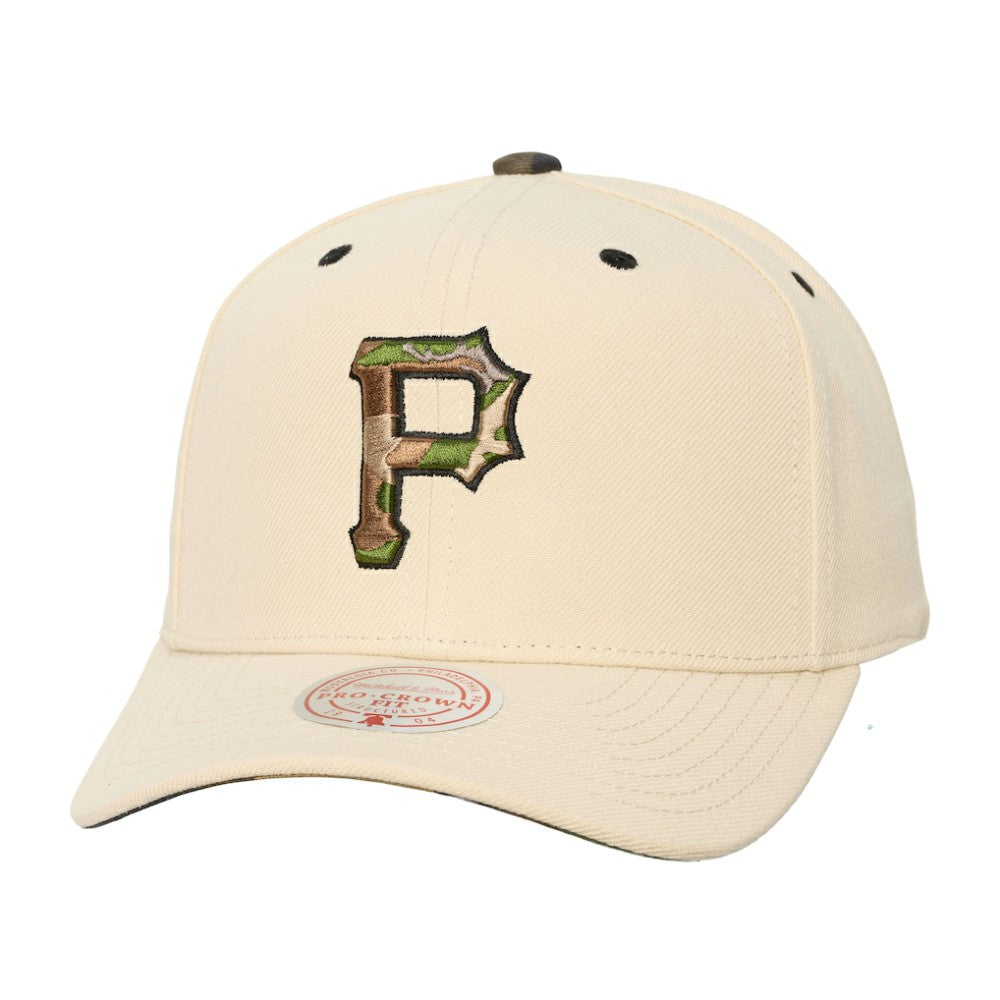 Pittsburgh Pirates Unisex Camo Logo Pro Crown Snapback Hat Cream | Mitchell & Ness
