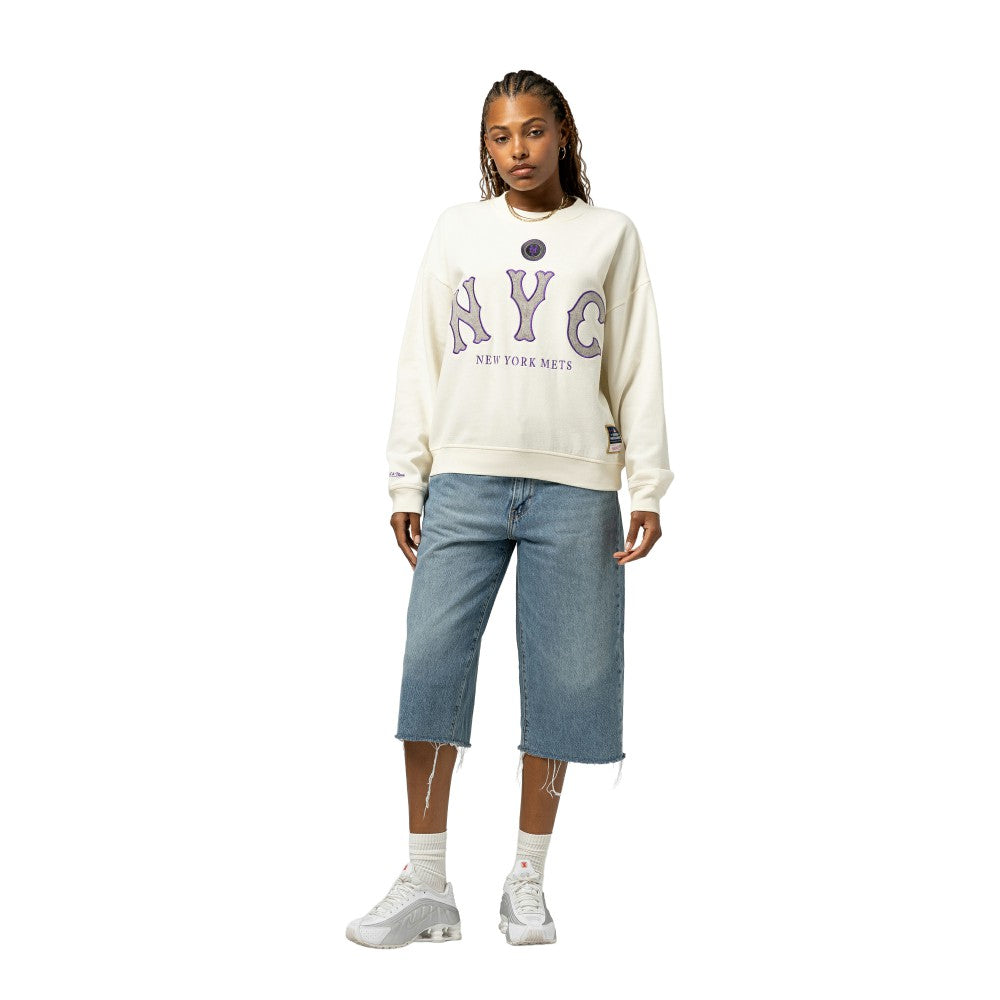 New York Mets Women's Premium Oversized Crewneck Sweatshirt Cream | Mitchell & Ness