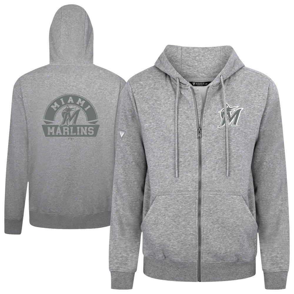 Miami Marlins Levelwear Podium Chenille Logo Full-Zip Hoodie Heather Gray