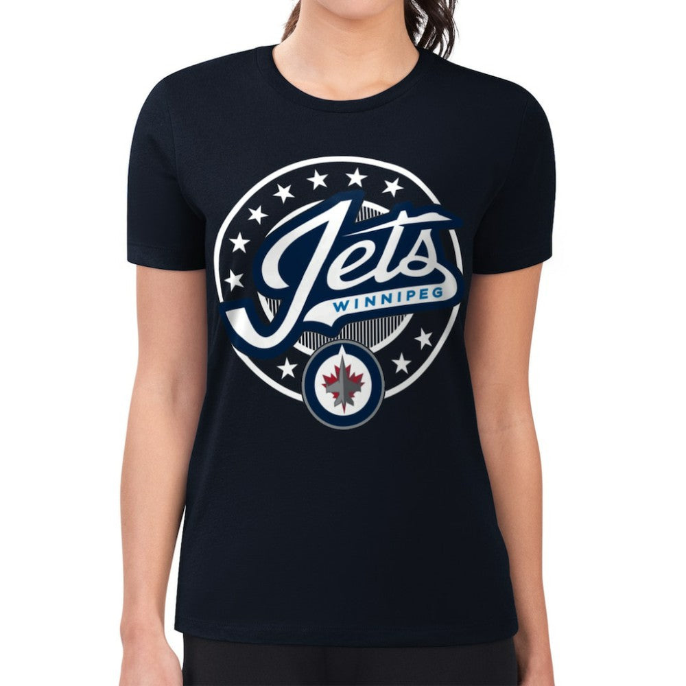 Winnipeg Jets G-III 4Her by Carl Banks Women's Super-Slim Lightweight Pinstripe Circle Graphic T-Shirt Navy