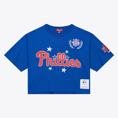 Philadelphia Phillies Women's Pep Rally Cropped Boxy T-Shirt Royal | Mitchell & Ness