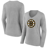 Boston Bruins Women's Primary Logo Long Sleeve V-Neck T-Shirt Gray