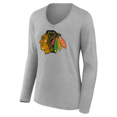 Chicago Blackhawks Women's Primary Logo Long Sleeve V-Neck T-Shirt Gray