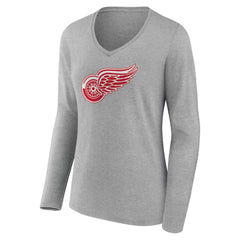 Detroit Red Wings Women's Primary Logo Long Sleeve V-Neck T-Shirt Gray