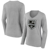 Los Angeles Kings Women's Primary Logo Long Sleeve V-Neck T-Shirt Gray