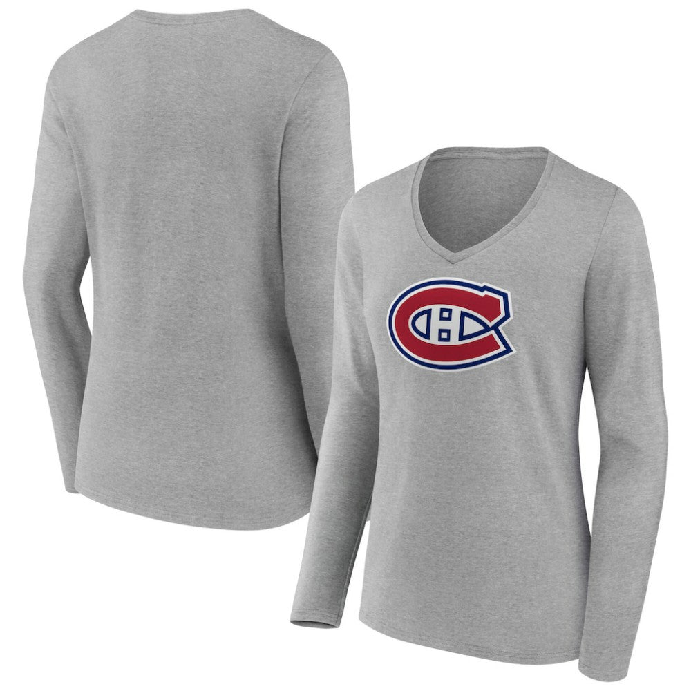 Montreal Canadiens Women's Primary Logo Long Sleeve V-Neck T-Shirt Gray