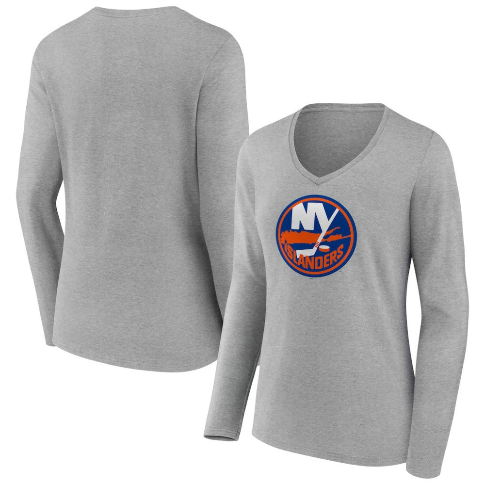New York Islanders Women's Primary Logo Long Sleeve V-Neck T-Shirt Gray