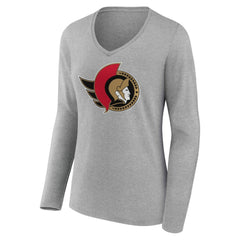 Ottawa Senators Women's Primary Logo Long Sleeve V-Neck T-Shirt Gray