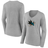 San Jose Sharks Women's Primary Logo Long Sleeve V-Neck T-Shirt Gray