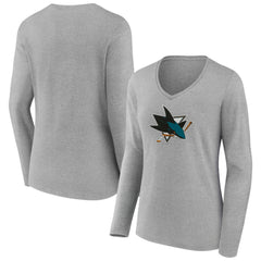 San Jose Sharks Women's Primary Logo Long Sleeve V-Neck T-Shirt Gray