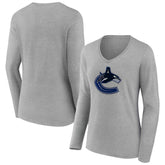 Vancouver Canucks Women's Primary Logo Long Sleeve V-Neck T-Shirt Gray