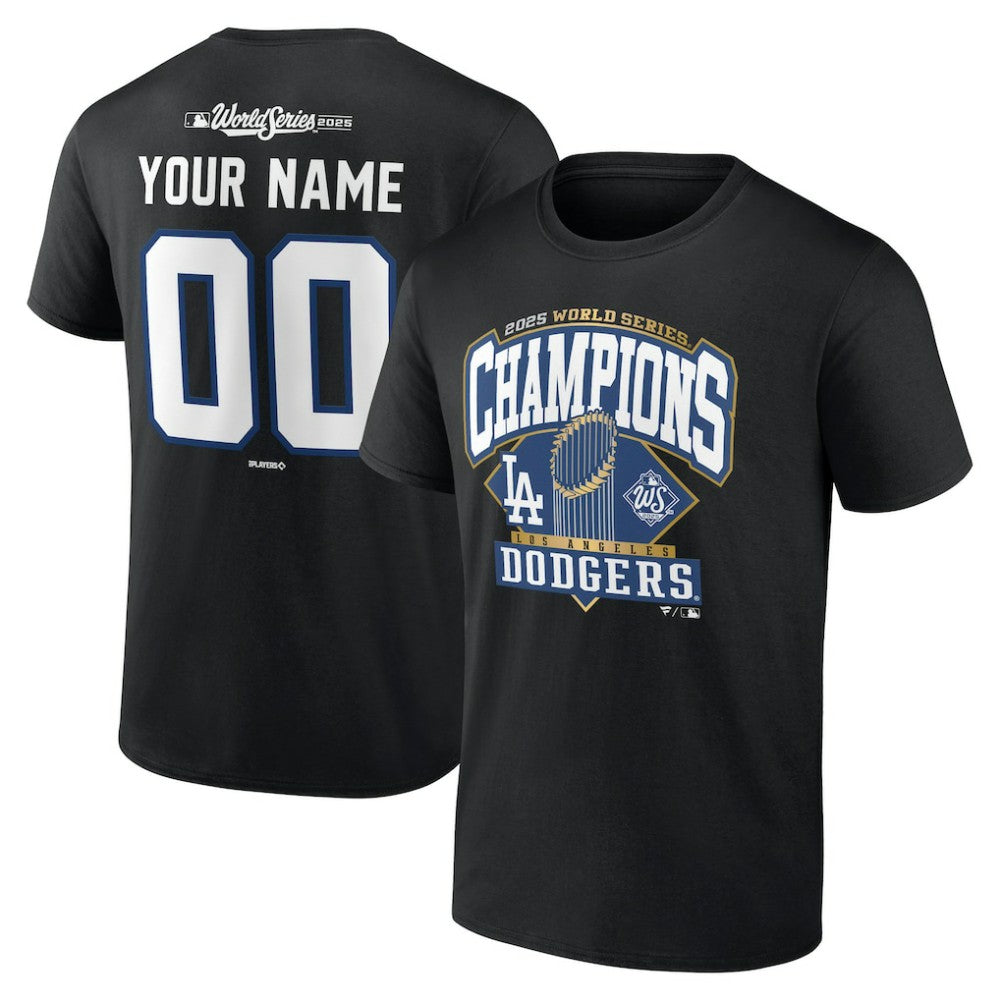 Los Angeles Dodgers 2025 World Series Champions Custom Name & Number T-Shirt Black
