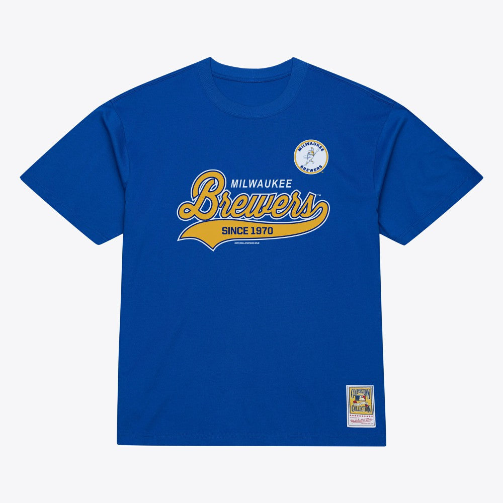 Milwaukee Brewers Script Sweep Arch T-Shirt Royal | Mitchell & Ness