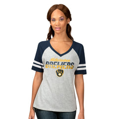 Milwaukee Brewers G-III 4Her by Carl Banks Women's Goal Line Raglan V-Neck T-Shirt Heather Gray