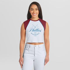 Philadelphia Phillies WEAR by Erin Andrews Women's Cooperstown Cropped Raglan Tank Top White