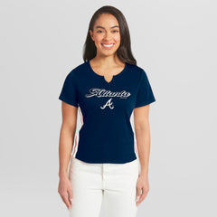 Atlanta Braves WEAR by Erin Andrews Women's Notch Neck Cropped T-Shirt Navy