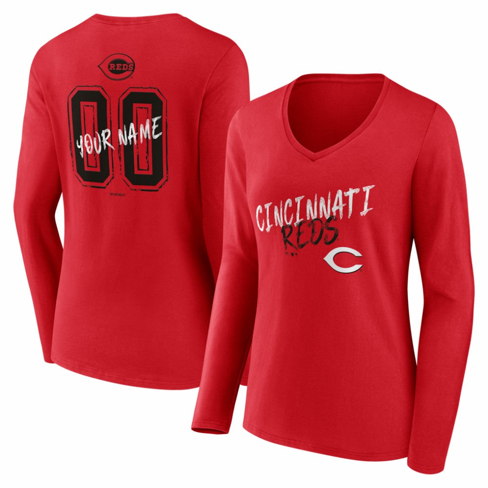 Cincinnati Reds Women's Hustle Personalized Name & Number Long Sleeve V-Neck T-Shirt Red