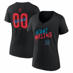 Miami Marlins Women's Hustle Personalized Name & Number V-Neck T-Shirt Black