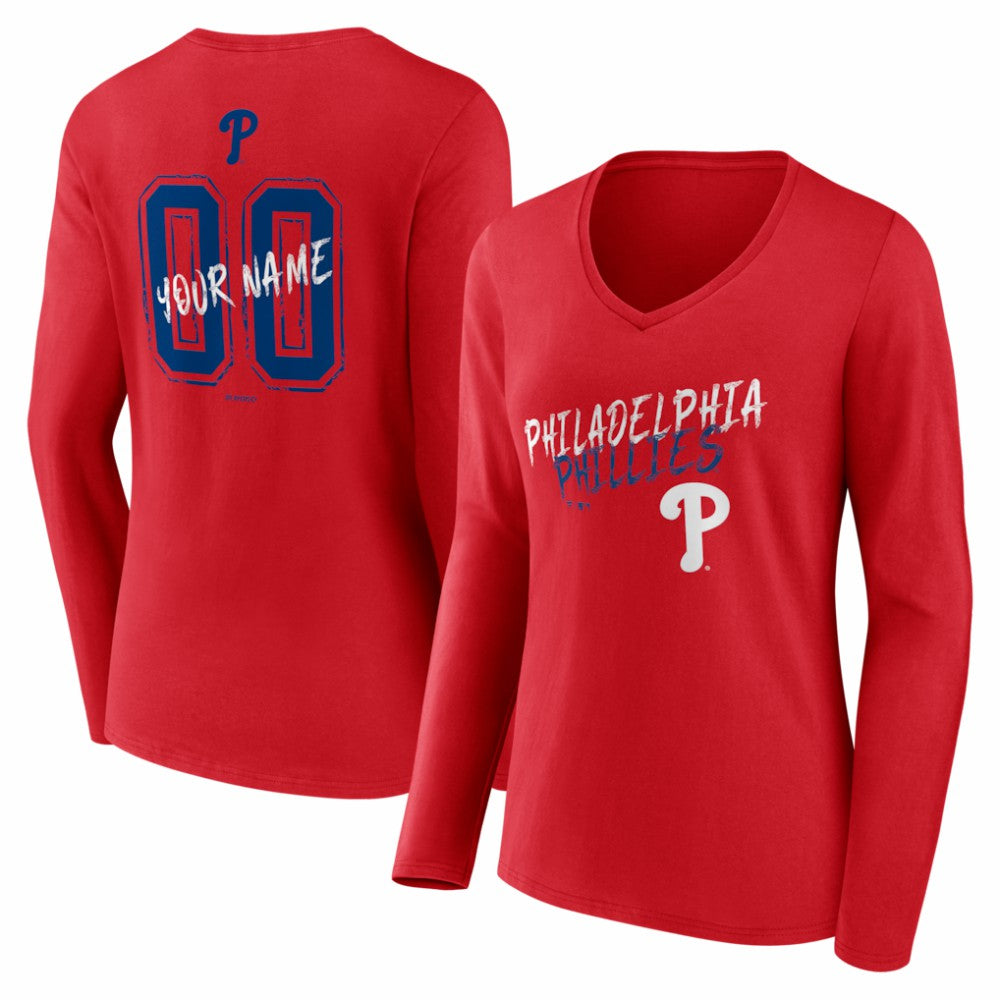 Philadelphia Phillies Women's Hustle Personalized Name & Number Long Sleeve V-Neck T-Shirt Red