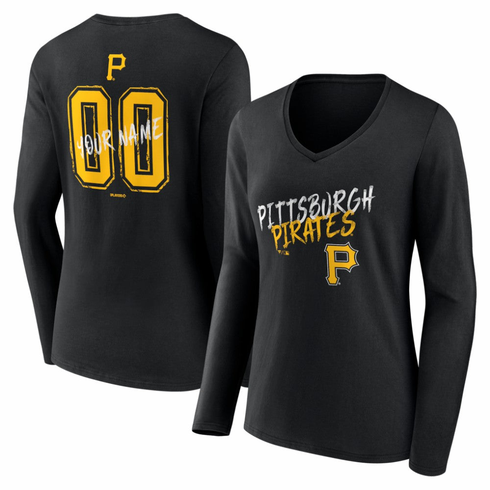 Pittsburgh Pirates Women's Hustle Personalized Name & Number Long Sleeve V-Neck T-Shirt Black