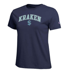 Seattle Kraken Champion Women's Arch Mascot Logo T-Shirt Navy