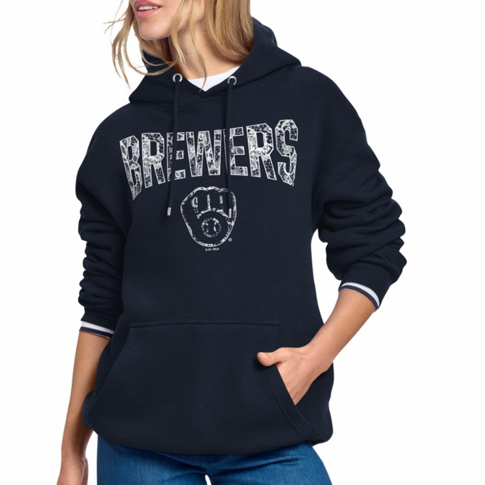 Milwaukee Brewers Starter Women's Lace Team Lockup Fleece Hoodie Navy