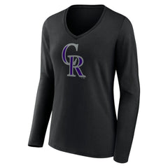 Colorado Rockies Women's Team Color Primary Logo V-Neck Long Sleeve T-Shirt Black