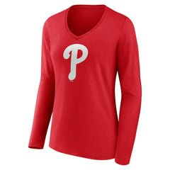 Philadelphia Phillies Women's Team Color Primary Logo V-Neck Long Sleeve T-Shirt Red