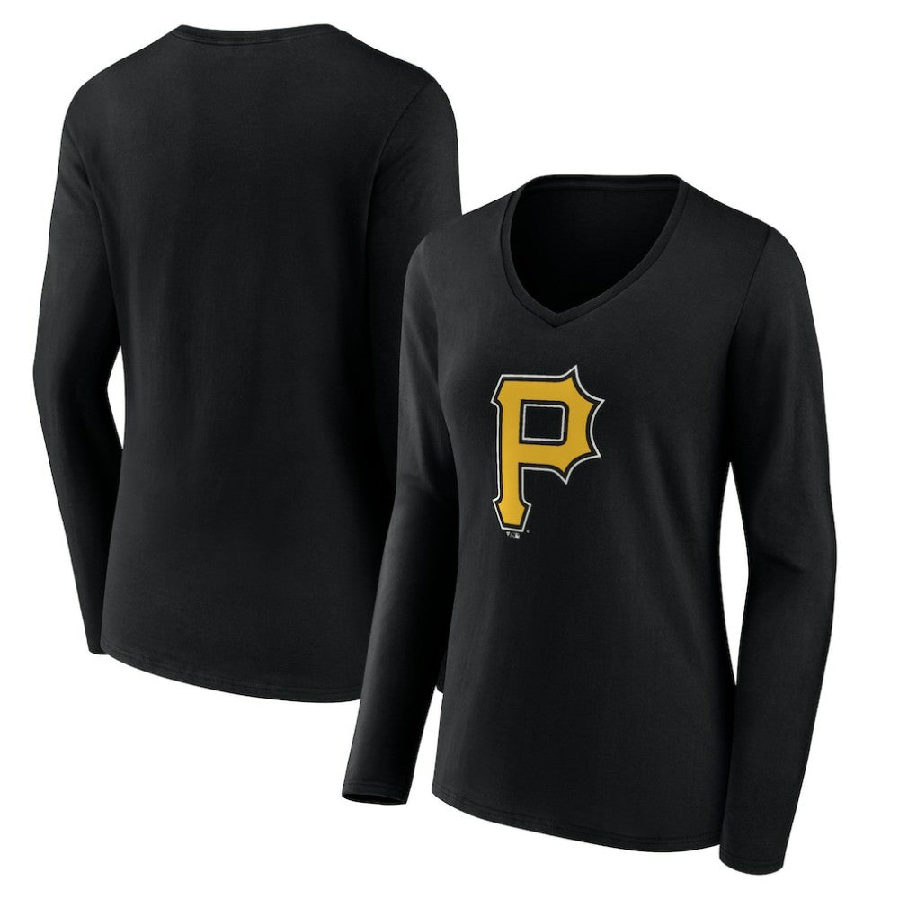 Pittsburgh Pirates Women's Team Color Primary Logo V-Neck Long Sleeve T-Shirt Black