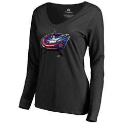 Columbus Blue Jackets Women's Midnight Mascot Long Sleeve V-Neck T-Shirt Black