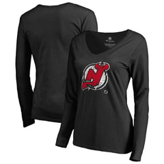 New Jersey Devils Women's Splatter Logo V-Neck Long Sleeve T-Shirt Black