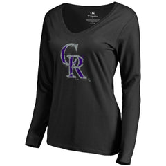 Colorado Rockies Women's Splatter Logo Long Sleeve V-Neck T-Shirt Black