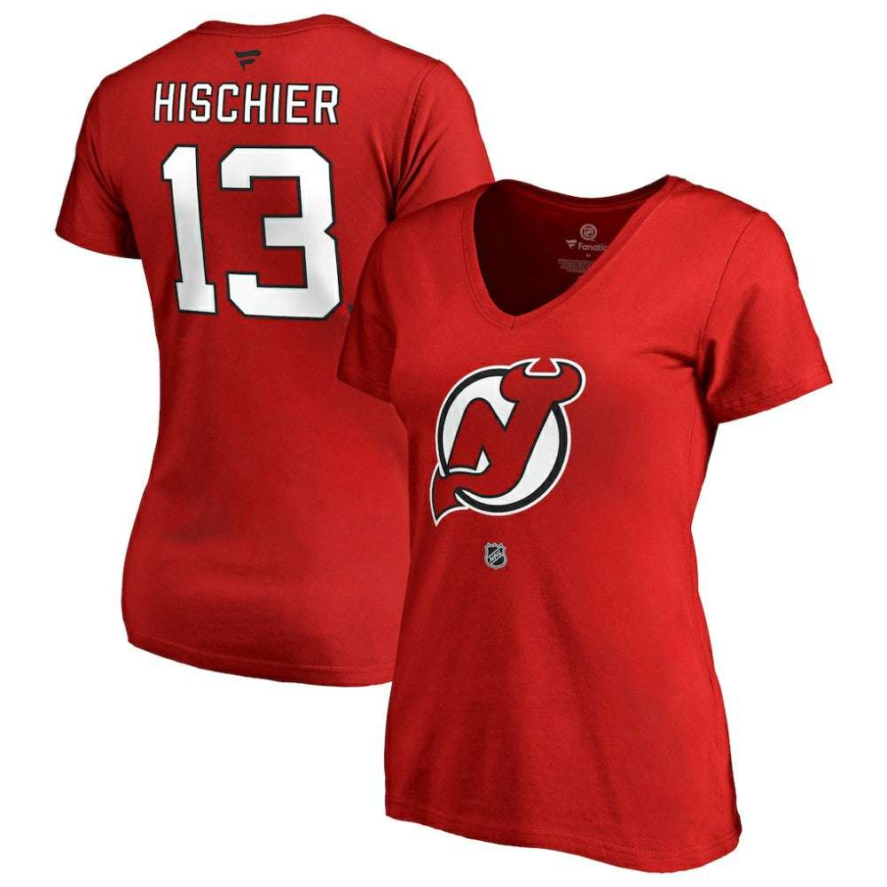 Nico Hischier New Jersey Devils Women's Authentic Stack Name & Number V-Neck T-Shirt Red