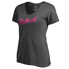 Detroit Tigers Women's Pink Wordmark V-Neck T-Shirt Heathered Gray