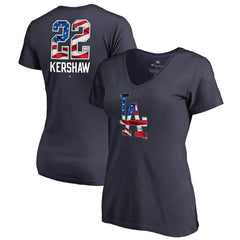 Clayton Kershaw Los Angeles Dodgers Women's Banner Wave Name & Number V-Neck T-Shirt Navy